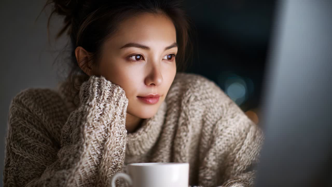 A contemplative moment captured in dim light, showcasing a relaxed woman dressed in a cozy oversized sweater, thoughtfully gazing outside while holding a warm cup of beverage, filled with introspection and calm