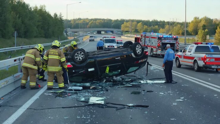 Car Crash on Highway with Emergency Services Responding