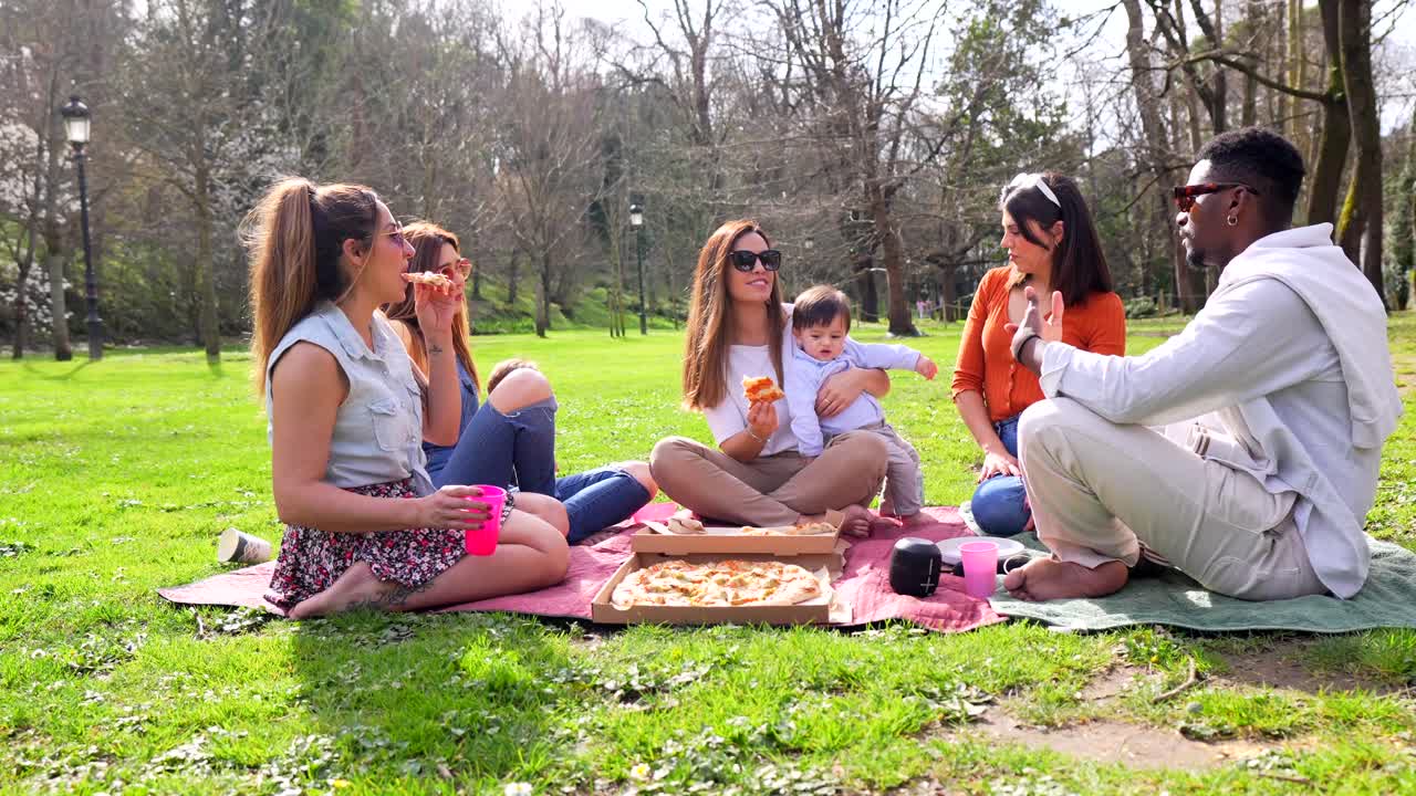 Group of friends having a picnic with pizza in the park