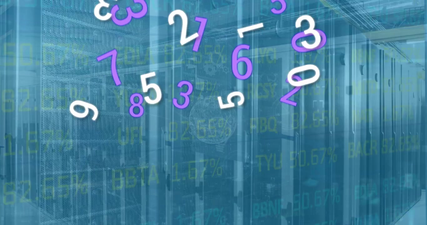 Animation of data processing with graphs and charts on interface over computer server room