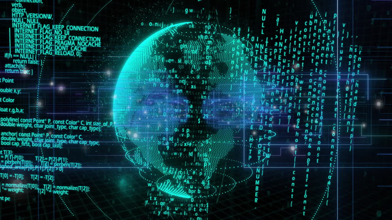 Animation of digital globe with binary code, representing global data and technology
