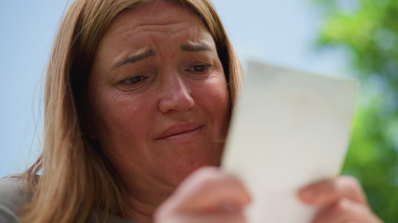 Close up of sad woman looking down at photo in hand under bright sky, soft breeze moving hair, expression showing quiet sorrow and reflection, natural outdoor light