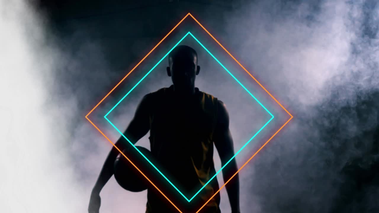 animación de diamantes de neón naranja y azul sobre un jugador de baloncesto afroamericano que sostiene la pelota
