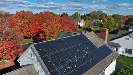 house with a full array of solar panels, amidst fall foliage