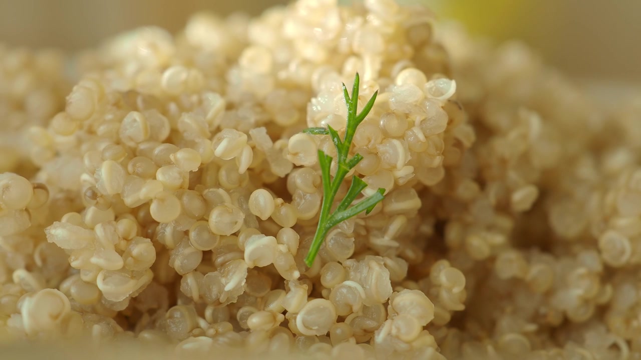 Cận cảnh hạt quinoa đã nấu chín với rau thơm tươi