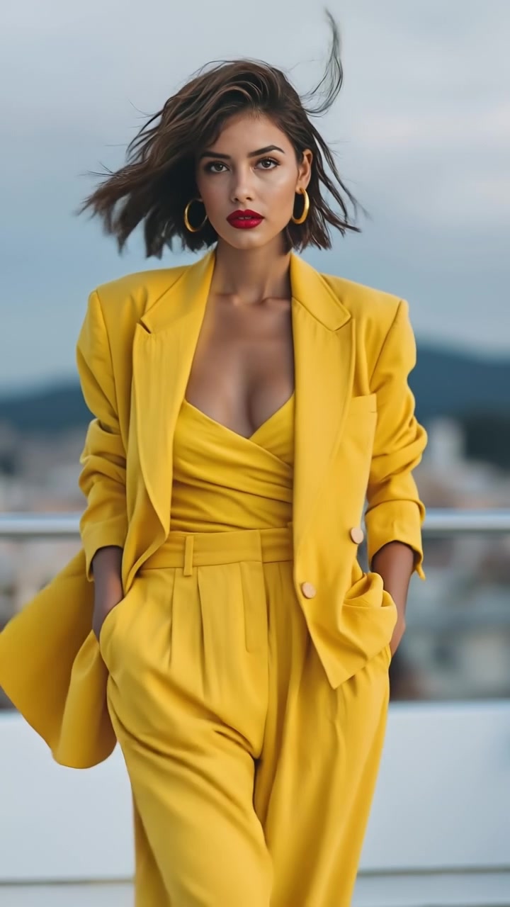 Donna elegante in un completo sartoriale giallo brillante che posa su un balcone con vista su una città costiera.