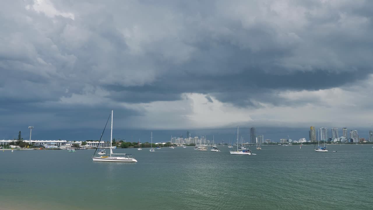 Wide view of stormy weather passing over Surfers Paradise and the Broadwater on the Gold Coast, Australia