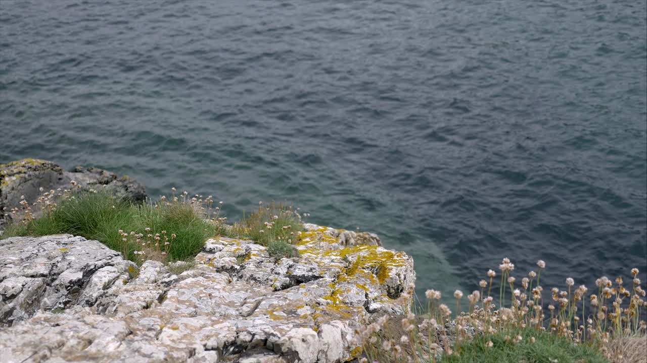 крупный план красивой вершины скалы в корнуолле, спускающейся к прибрежным морским водам, панорамный снимок
