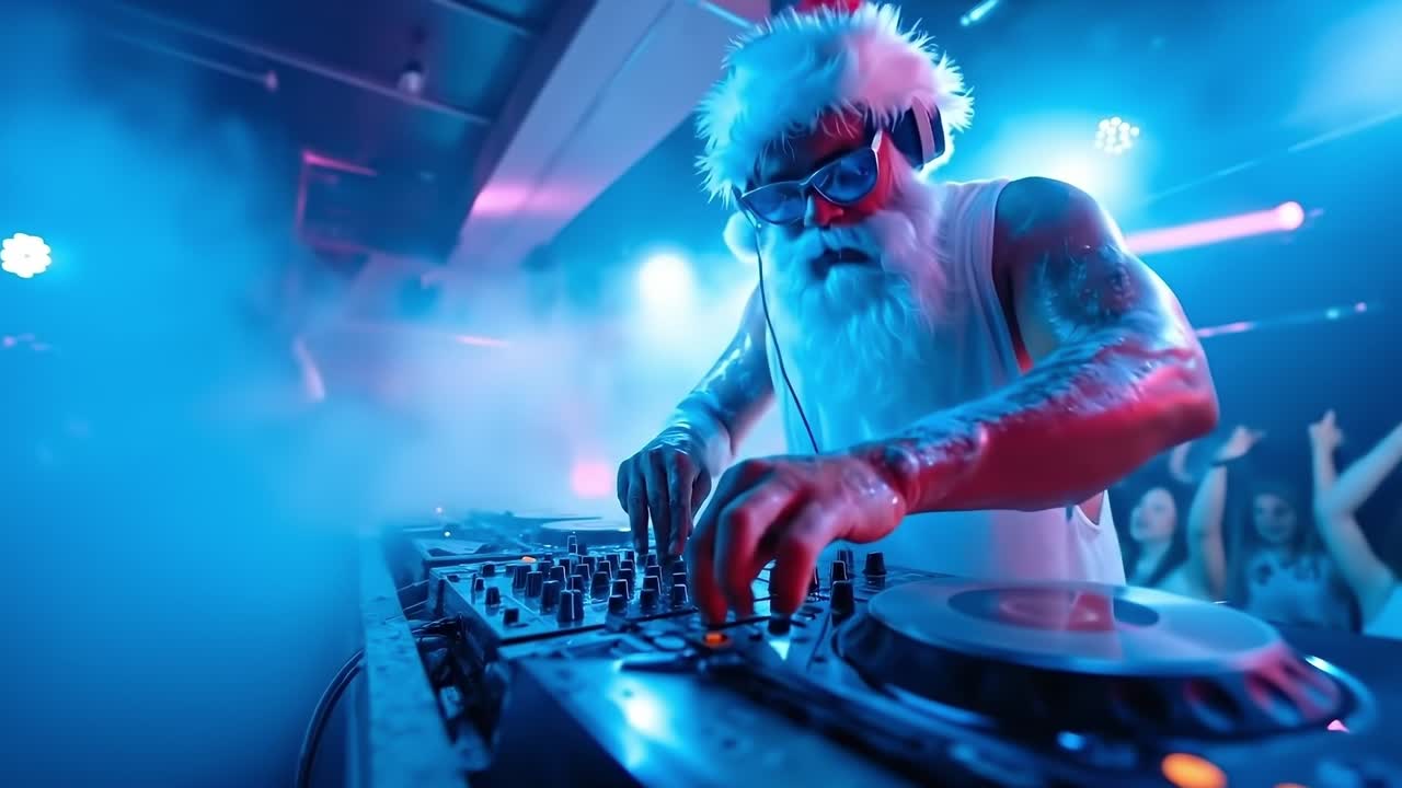 A man dressed as Santa Claus playing a dj set at a nightclub
