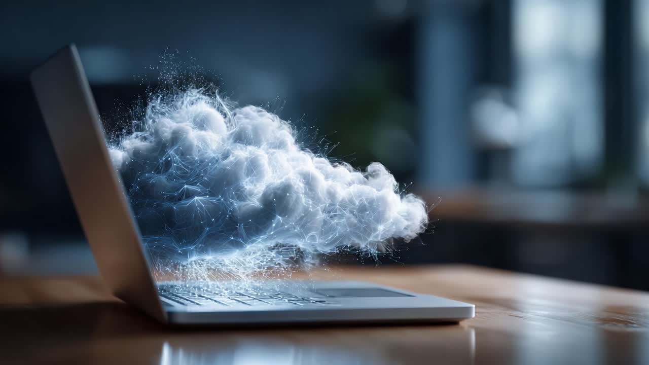 A Mystical Interaction Between Technology and Nature: Digital Cloud Formations Emerge from a Laptop, Blending Reality and Imagination in a Modern Workspace