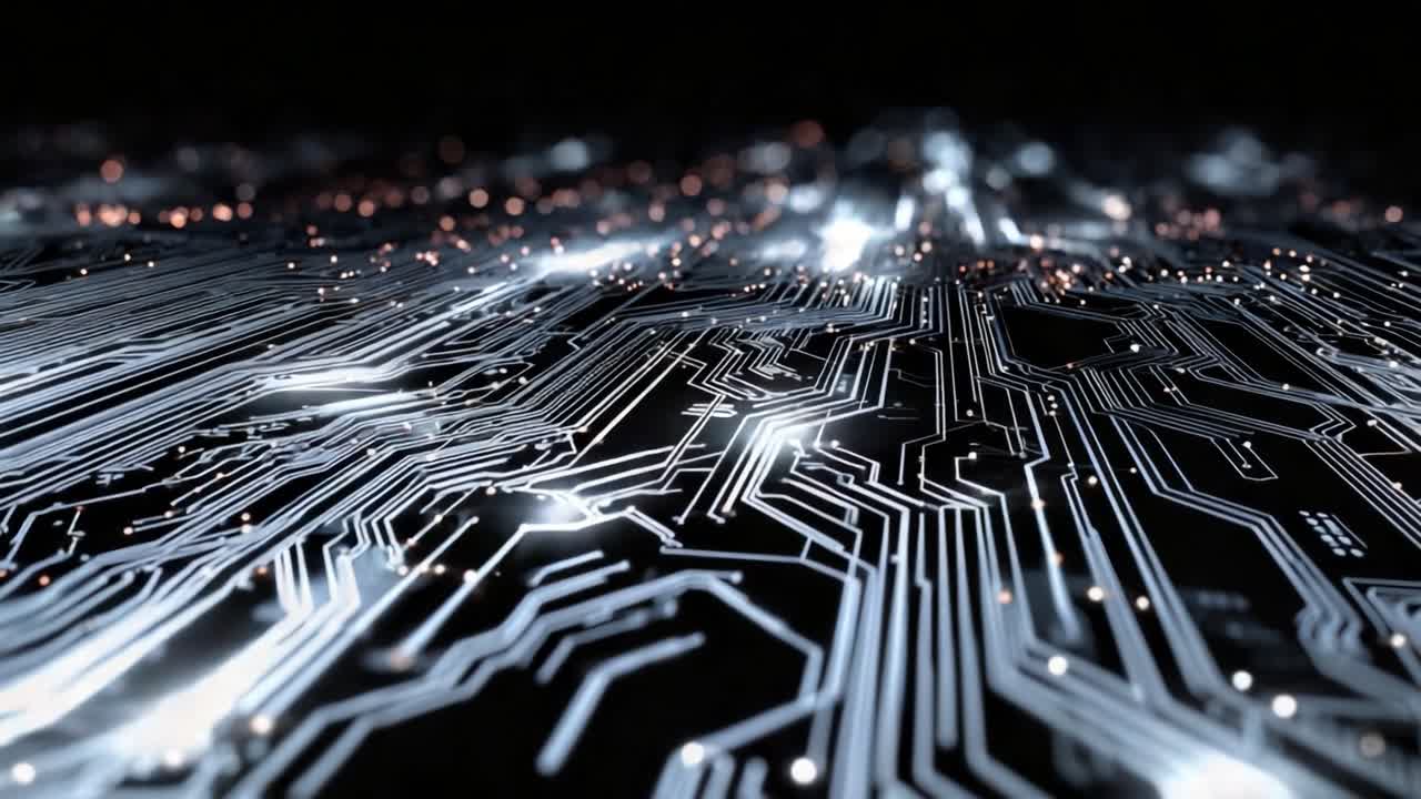 Futuristic motherboard with glowing electronic circuits sending digital data signals and information through its complex network, representing advanced technology and the flow of big data