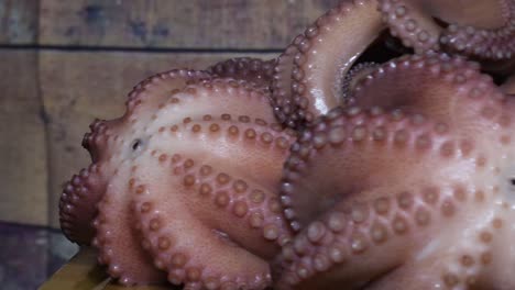 seafood ingredients.  group of octopus cooked spinning on wood table in rustic kitchen  ready to prepare latin american traditional dishes