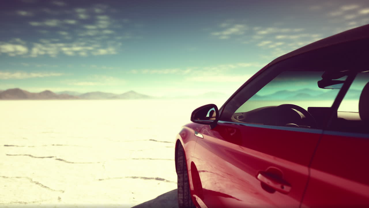 Auto rossa in un paesaggio desertico