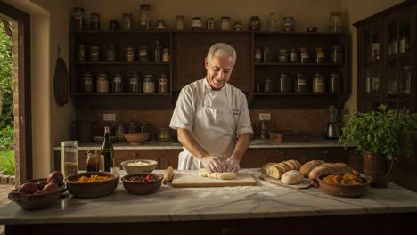 a passionate chef perfecting his craft in a rustic kitchen, skillfully preparing dough surrounded by fresh ingredients and artistic culinary arrangements