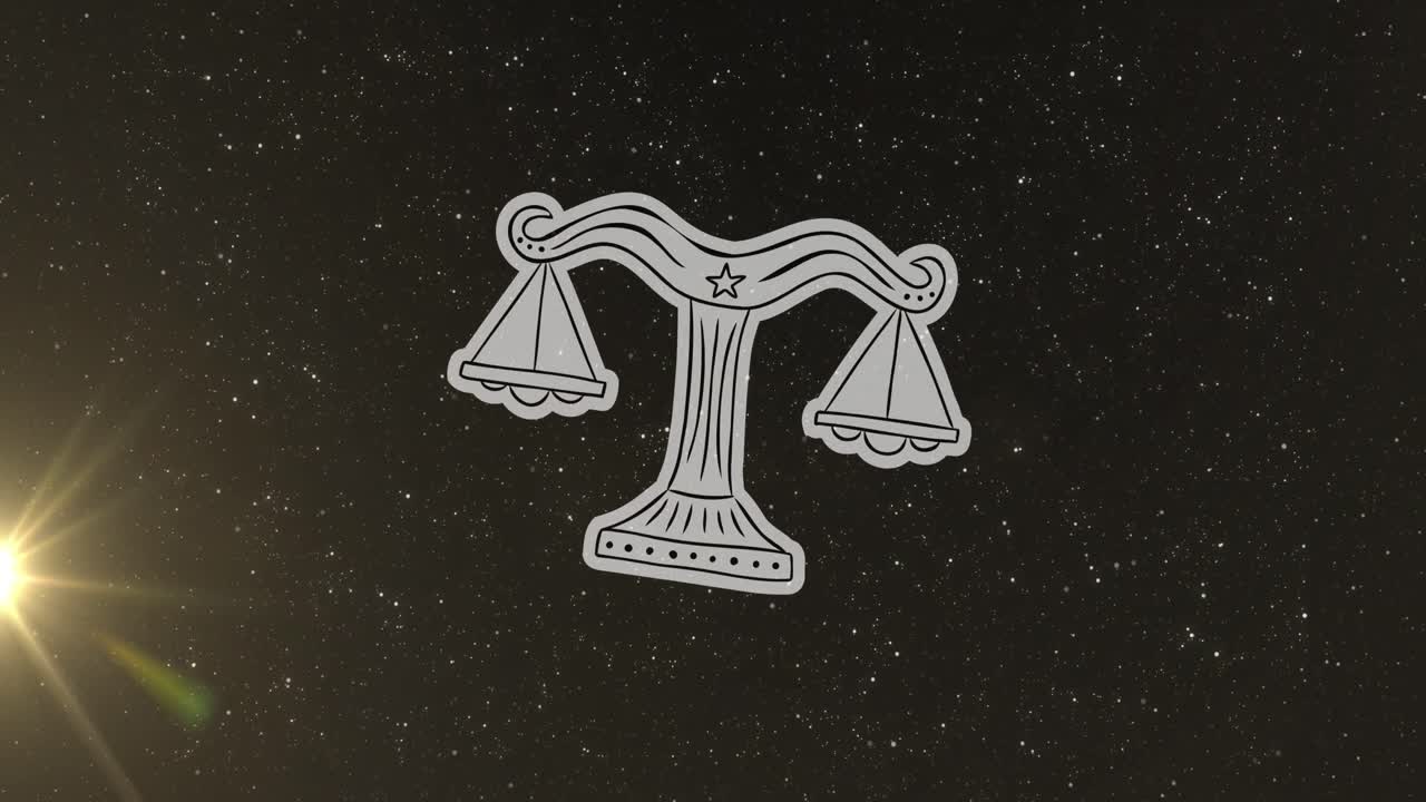 스타 필드 하늘과 조명 된 플레어 위에 무게 규모의 리브라 조디악 기호의 애니메이션