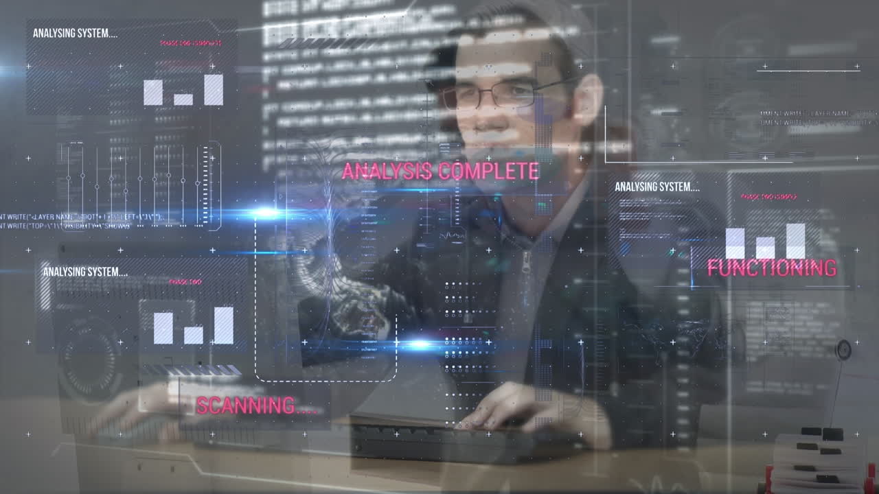 animación del procesamiento de datos financieros sobre el hombre utilizando computadora
