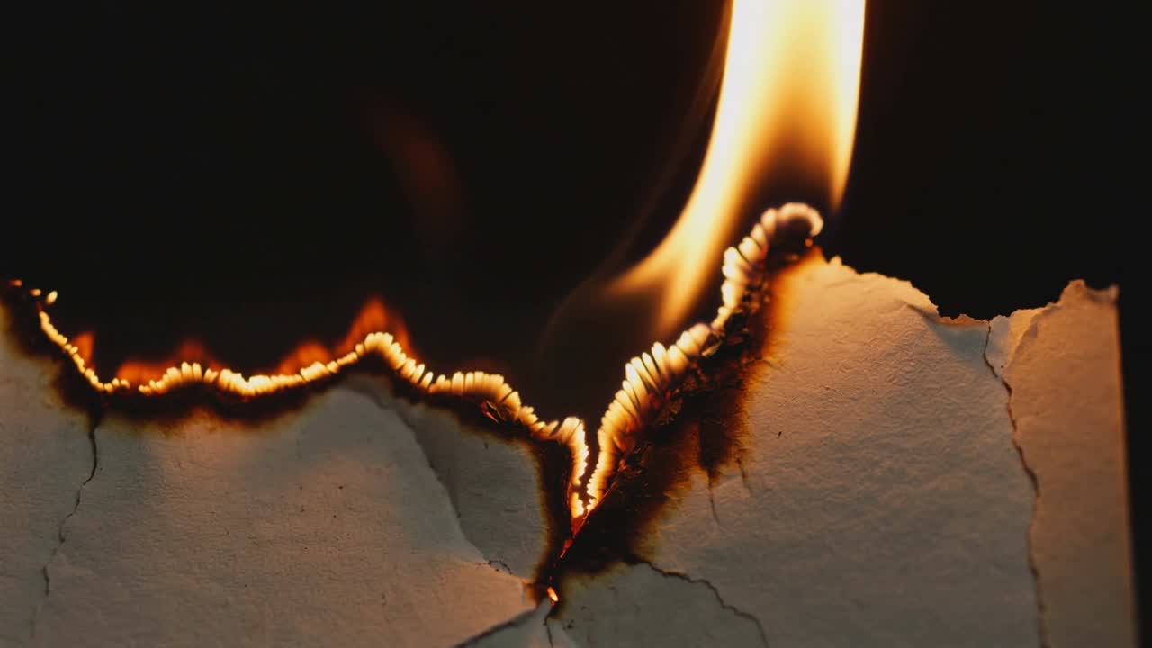Carta strappata che prende fuoco e brucia verso sinistra sotto una fiamma arancione, mostrando una linea di carbonizzazione smerlata in studio.
