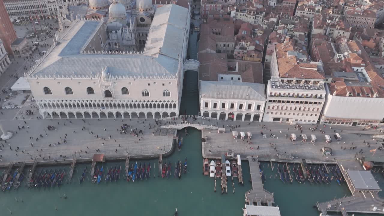 Cinematic drone footage of Venice’s Piazza San Marco and Bridge of Sighs at sunrise and daytime.