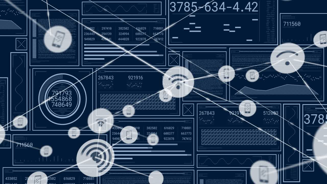 Pale node appearing, network overlay expanding, linking devices and radiating hubs to show data
