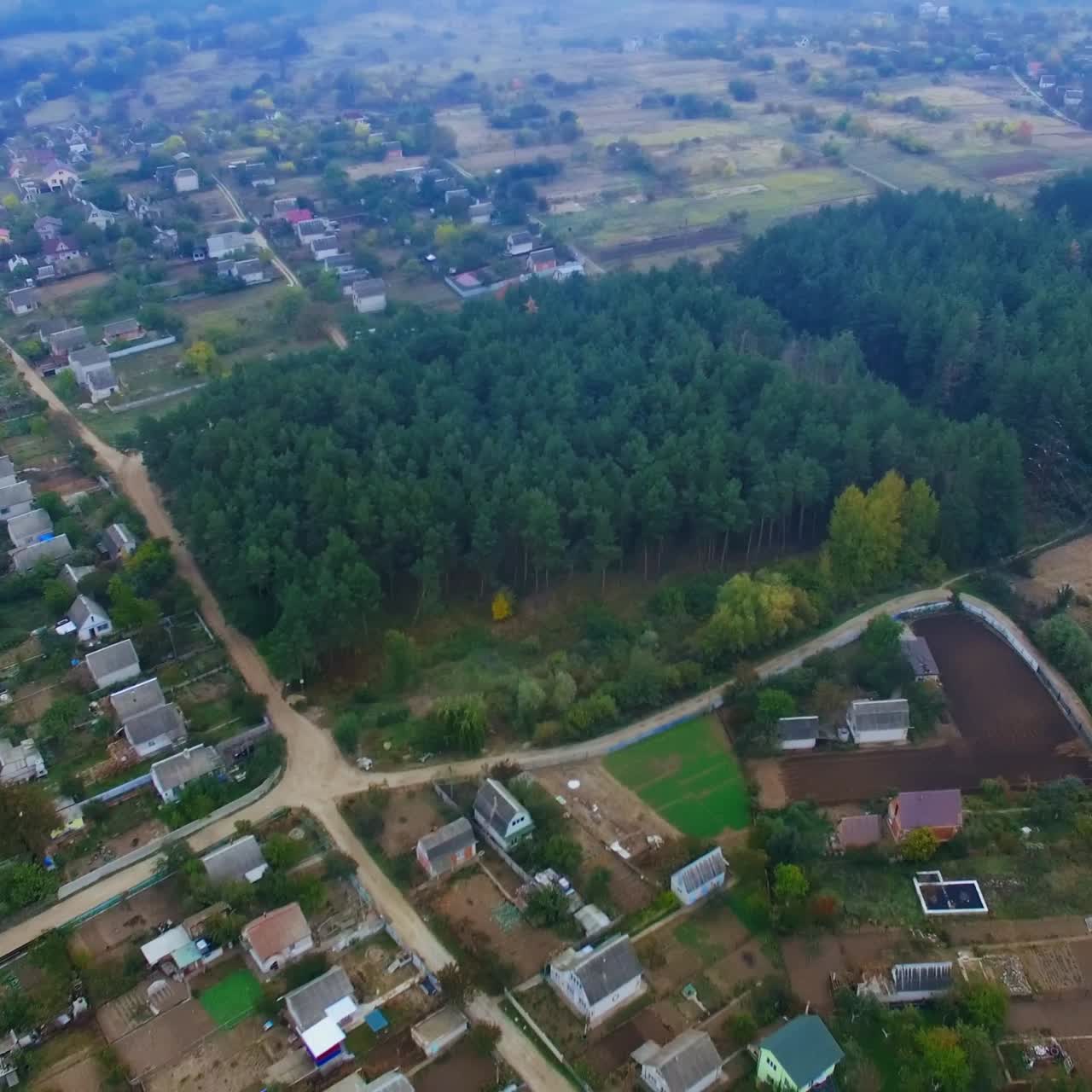 Thick green forest growing in the middle of rural area. Private houses locating on the bank of the river. Aerial footage on grey foggy day
