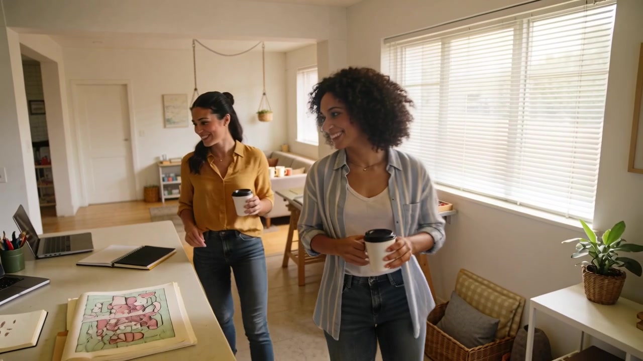 Vrouwen in gestreepte top en mosterdkleurige top komen de studio binnen en rangschikken prints op tafel met een laptop voor een tentoonstelling.
