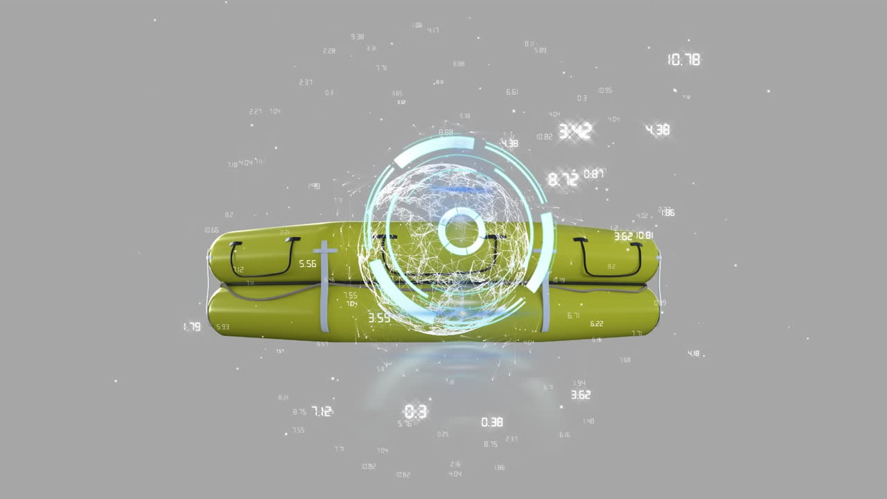 animación de escaneo de alcance y procesamiento de datos sobre barco de rafting en fondo gris.