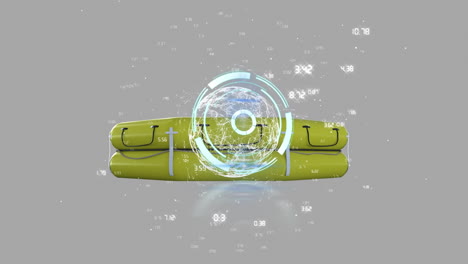 animación de escaneo de alcance y procesamiento de datos sobre barco de rafting en fondo gris.