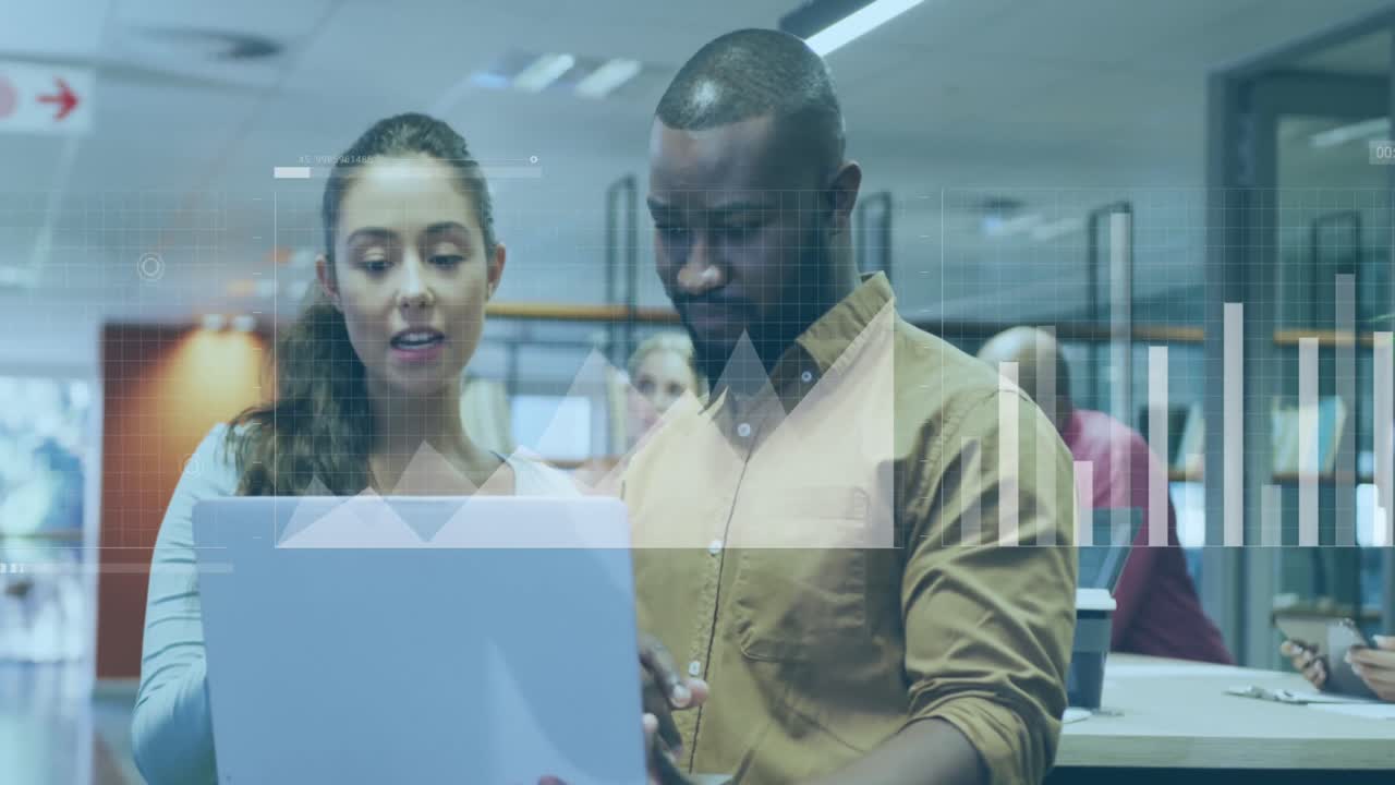 Animation of financial data processing over diverse business people working in office