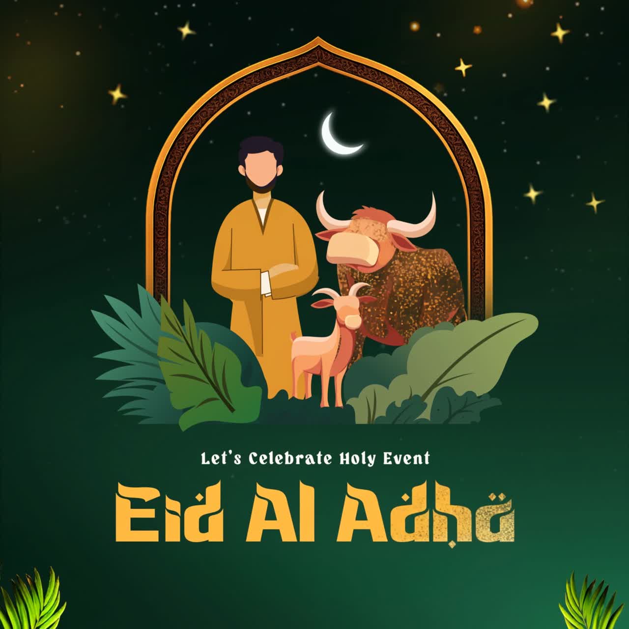Auguri animati per Eid al-Adha con illustrazioni islamiche tradizionali.