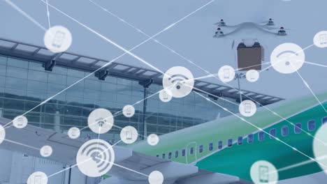 animación de la red de conexiones a través de drones con parcelas sobre el paisaje urbano