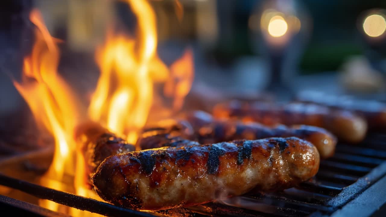 Grigliare saporite salsicce sulle fiamme: una deliziosa esperienza barbecue catturata in due splendide inquadrature di perfezione carbonizzata e indulgenza gustosa.