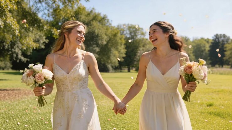 Walking two brides in white gowns holding hands, bouquets across meadow after vows, petals floating