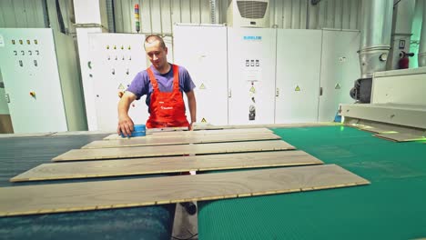 a young carpenter checks the quality of the boards. manufacture of parquet boards.