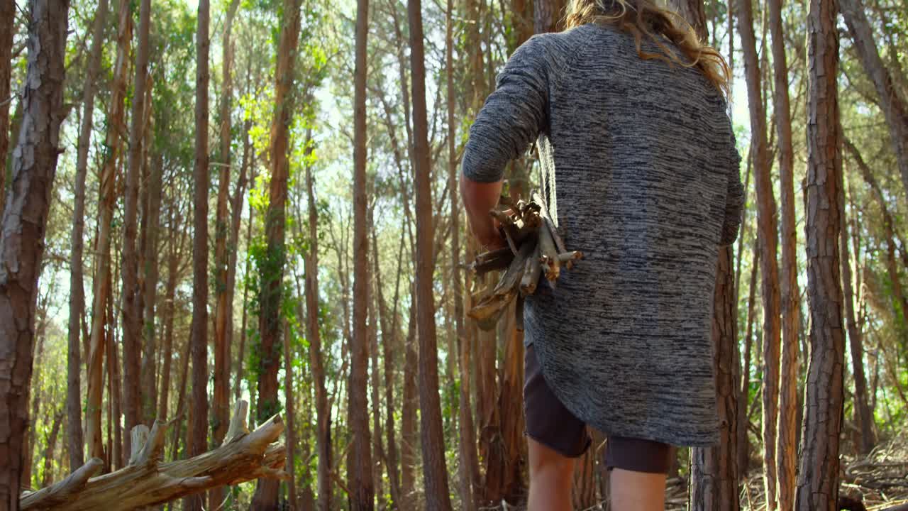 vista trasera de un hombre con palos de madera caminando en el bosque 4k