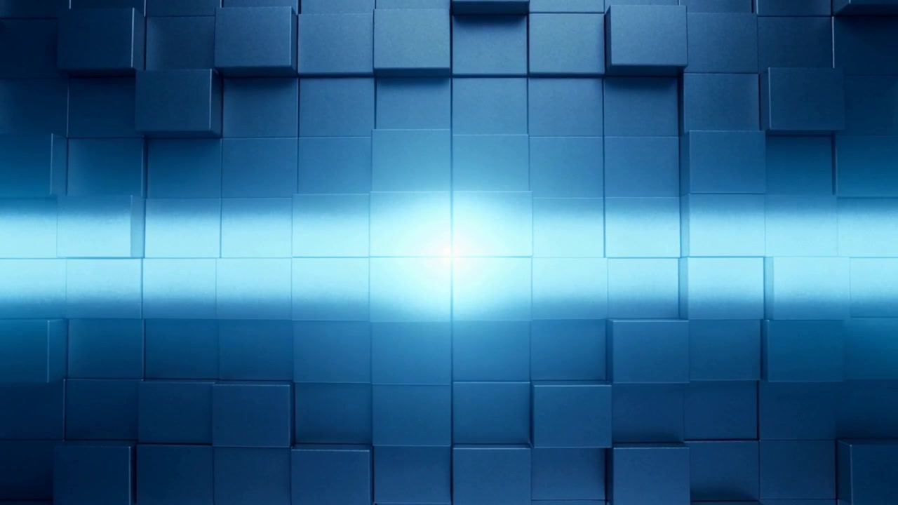 Pulsing central light intensifying, expanding into horizontal beam on blue cubes, showing depth