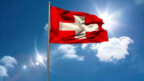 Bandera-Nacional-De-Suiza-Ondeando-En-El-Asta-De-La-Bandera-