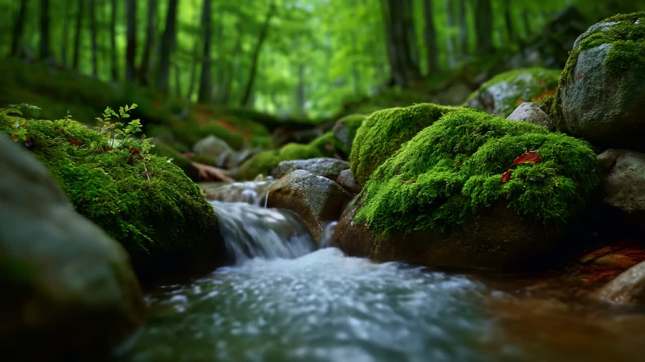 Rolig strøm, der flyder gennem frodig, grøn skov med mosdækkede sten i et fredfyldt naturlandskab under blødt sollys og levende løv