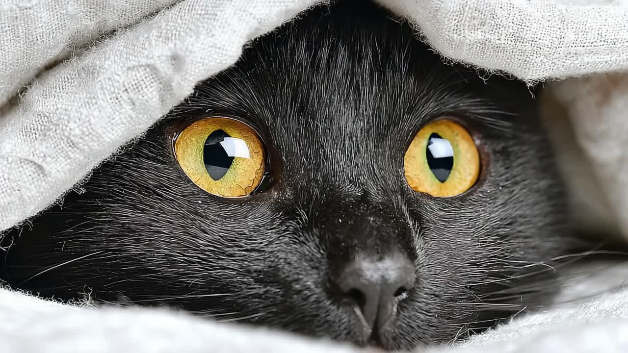 En nysgjerrig svart katt med slående gyldne øyne titter frem under et koselig teppe, og fanger et øyeblikk av nysgjerrighet og komfort i en myk, eventyrlig setting.
