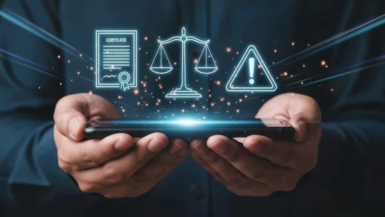 Legal Technology Concept with Law, Compliance, and Risk Icons on a Smartphone