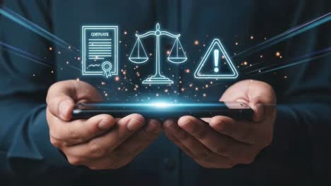 legal technology concept with law, compliance, and risk icons on a smartphone
