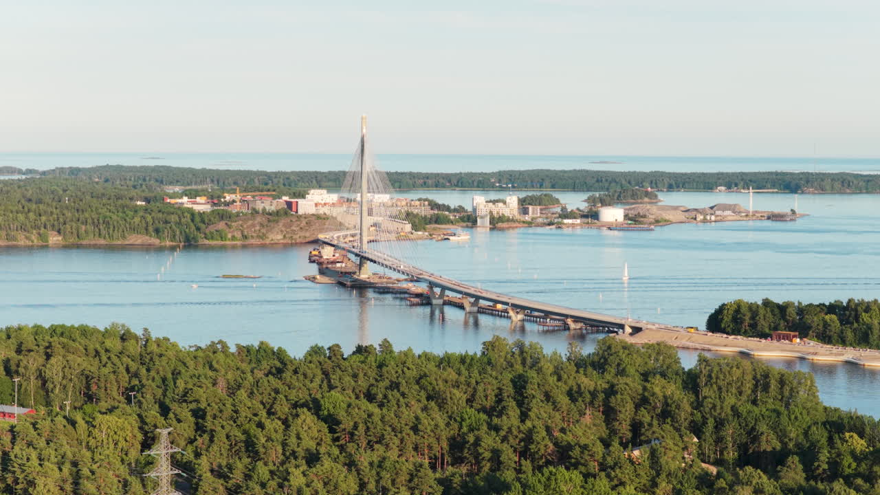 Telephoto drone shot circling the Kruunuvuorensilta bridge, sunset in Helsinki