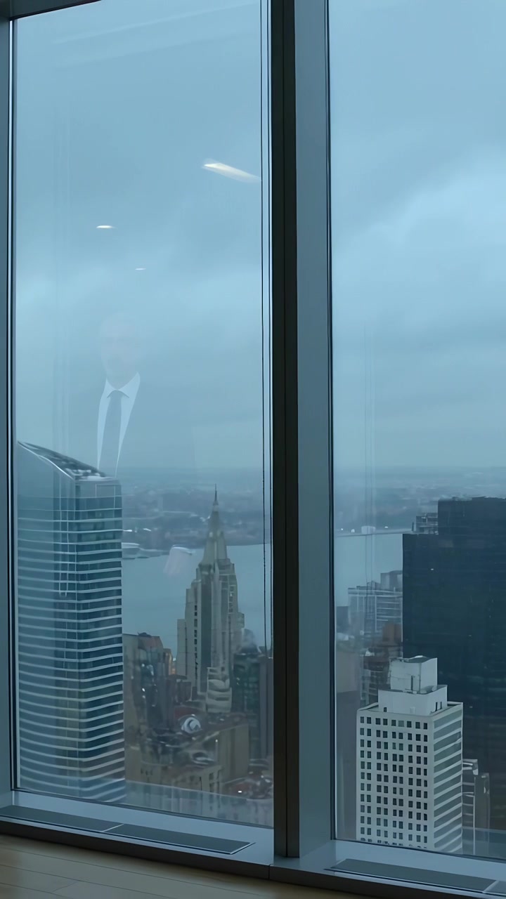 Vídeo vertical: Câmera panorâmica para a direita através do vidro do escritório, mostrando o horizonte do rio e um terno refletido no vidro.