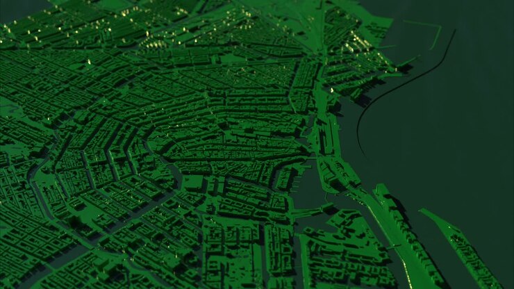 3D city model on map with houses colored green dynamic architectural animation.