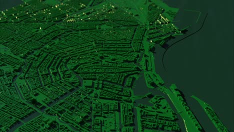 3d city model on map with houses colored green dynamic architectural animation.