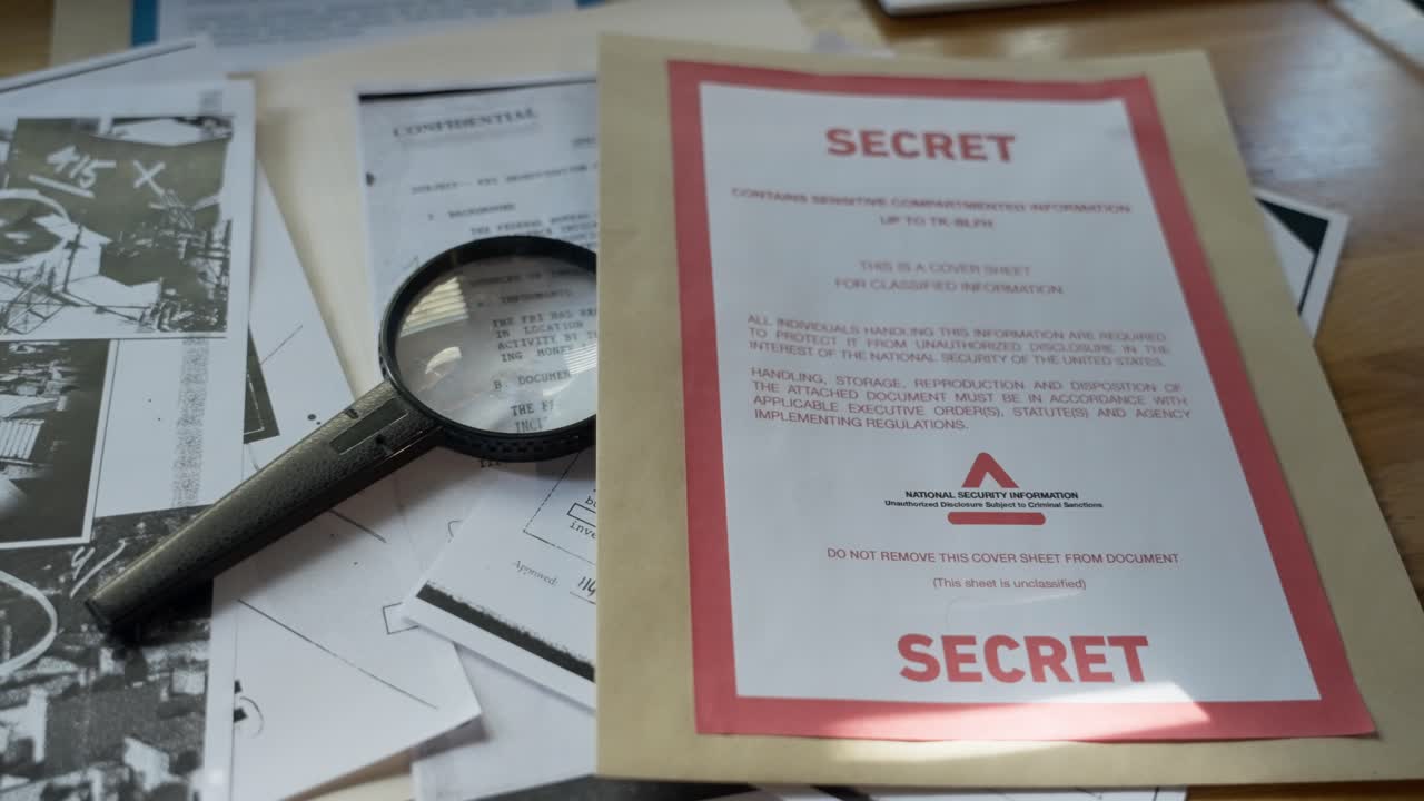 Office desk covered with secret materials, confidential papers, maps, magnifying glass, and notes. Investigation, espionage, or strategic planning, mission or unfolding conspiracy. spy operations.