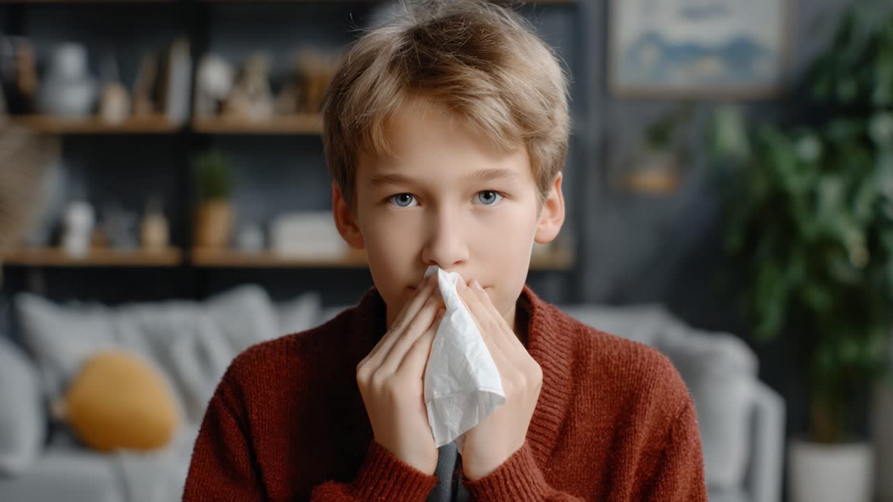 A young boy in a cozy indoor setting, displaying emotions of sadness and concern while holding a tissue in his hands, reflecting a moment of vulnerability and reflection
