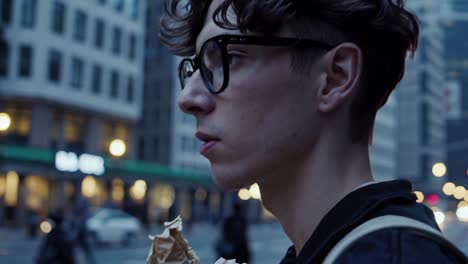 Young student with glasses and backpack is eating a sandwich while walking in a big city at dusk, with blurred car lights and buildings in the background