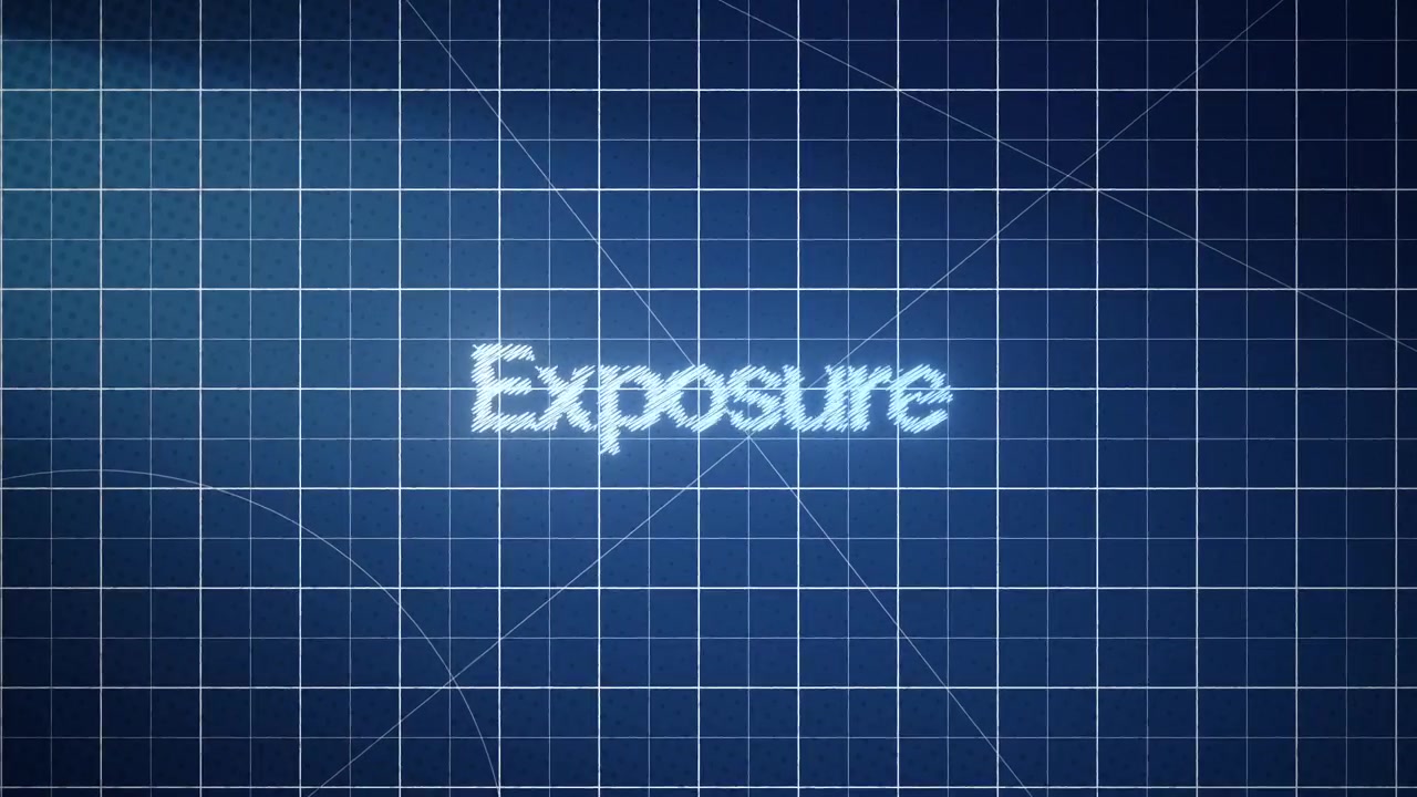 Animated 'Exposure' Text on Blue Digital Grid Background