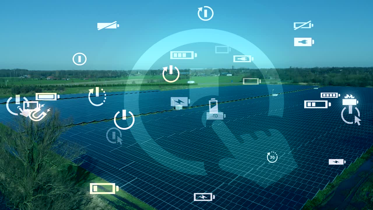 미래 지향적인 그래픽 오버레이가 있는 태양 전지판 필드의 정적인 높은 각도 보기