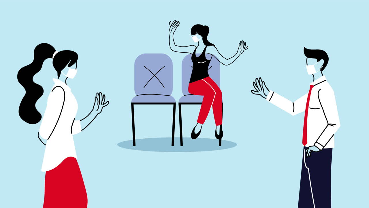 코로나19 예방을 위해 의료 마스크를 착용하는 젊은 사업가 여성들이 대기실에서